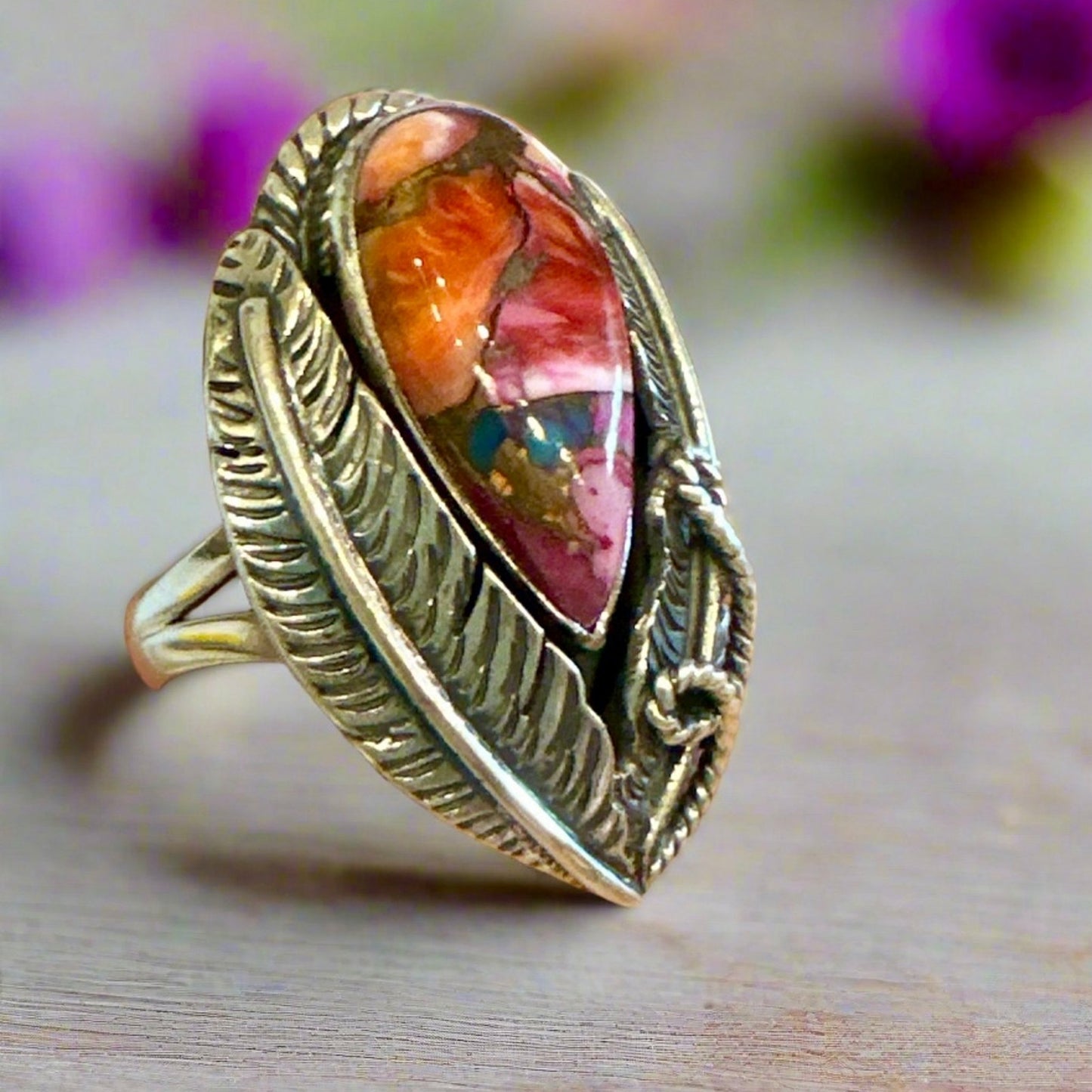 Pink Dahlia Sterling Silver Leaf Motif Teardrop Ring Size 8