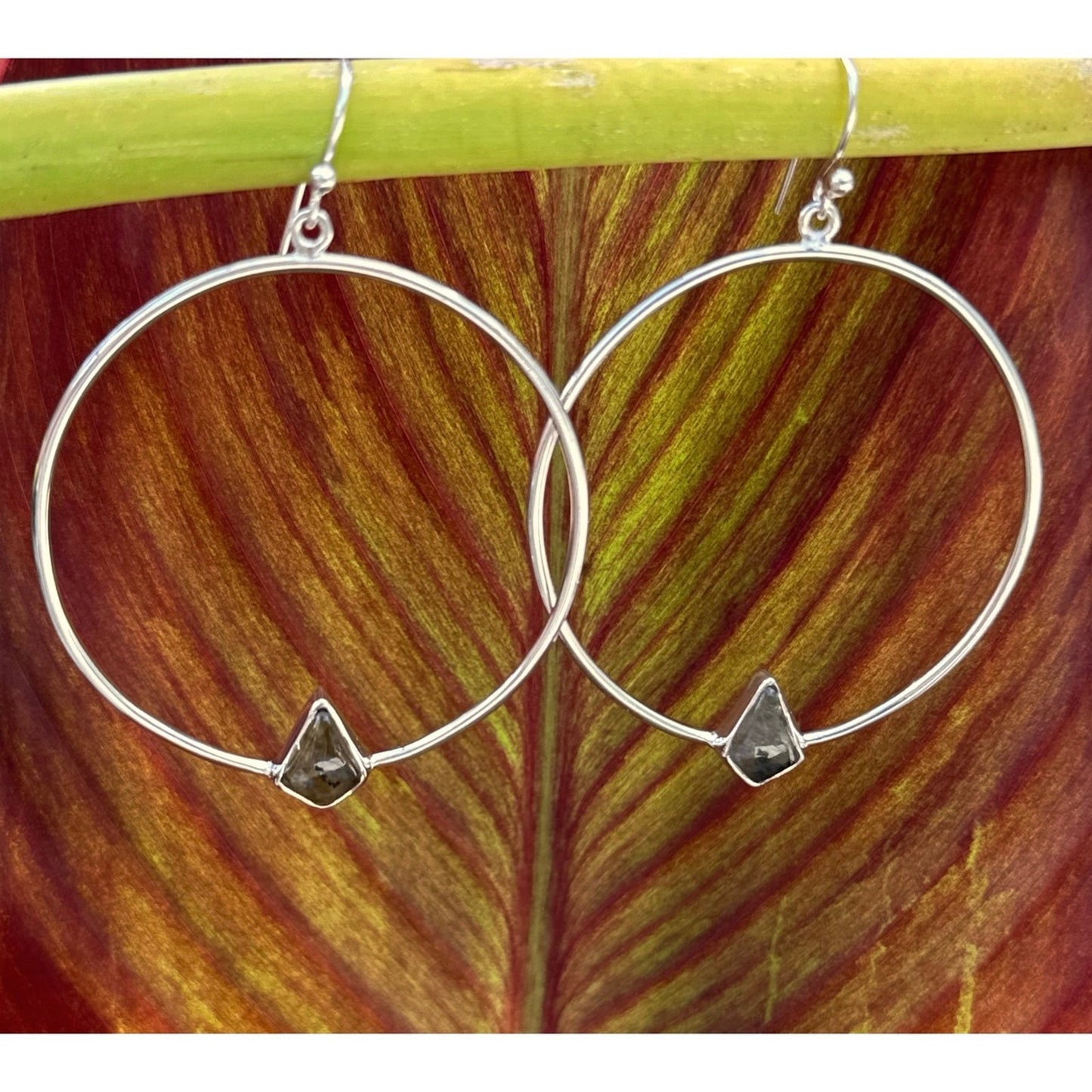 Genuine Labradorite .925 Silver Hoops 2.5” Long!