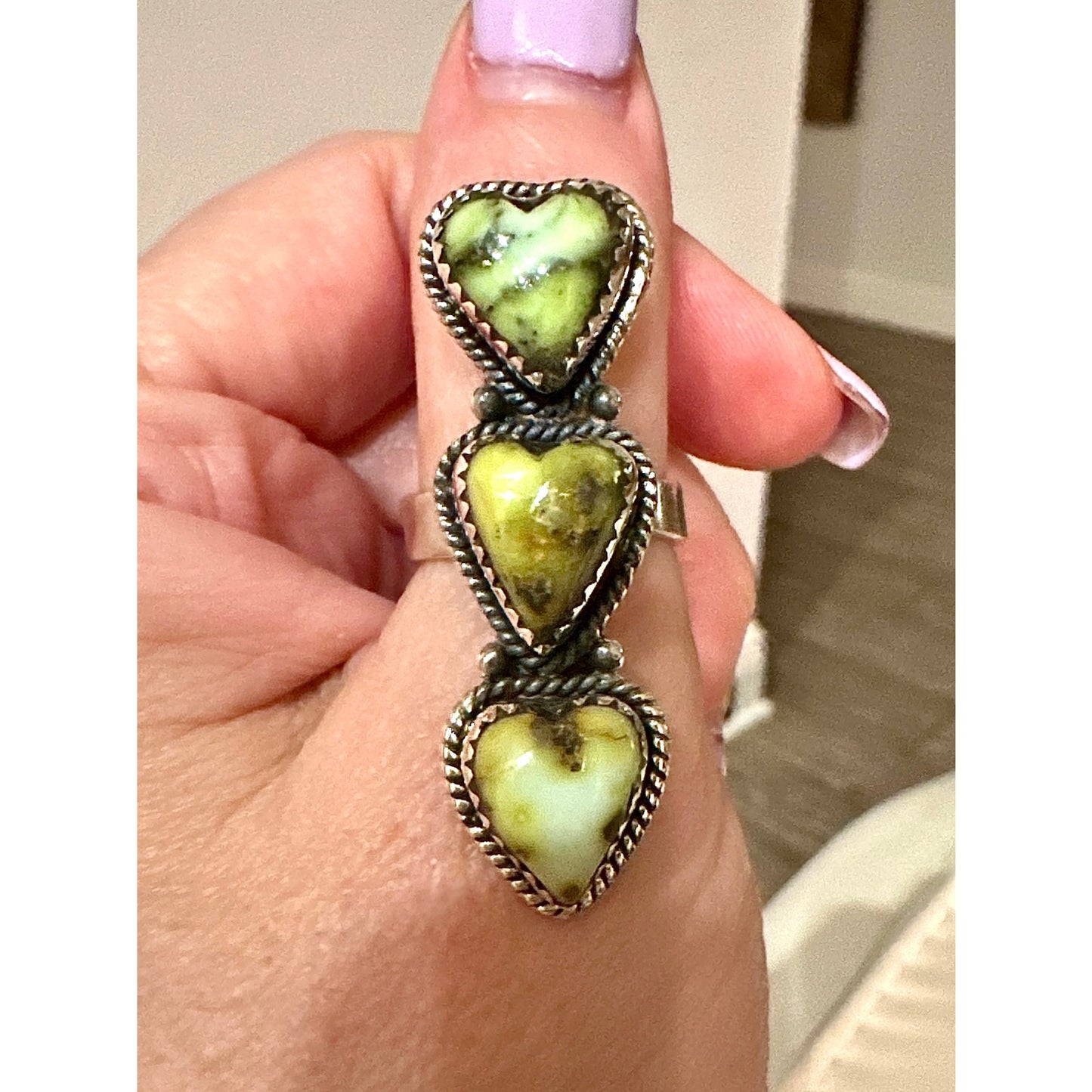 Three Stone Palomino Light Green Turquoise Hearts Ring Adjustable 5-11