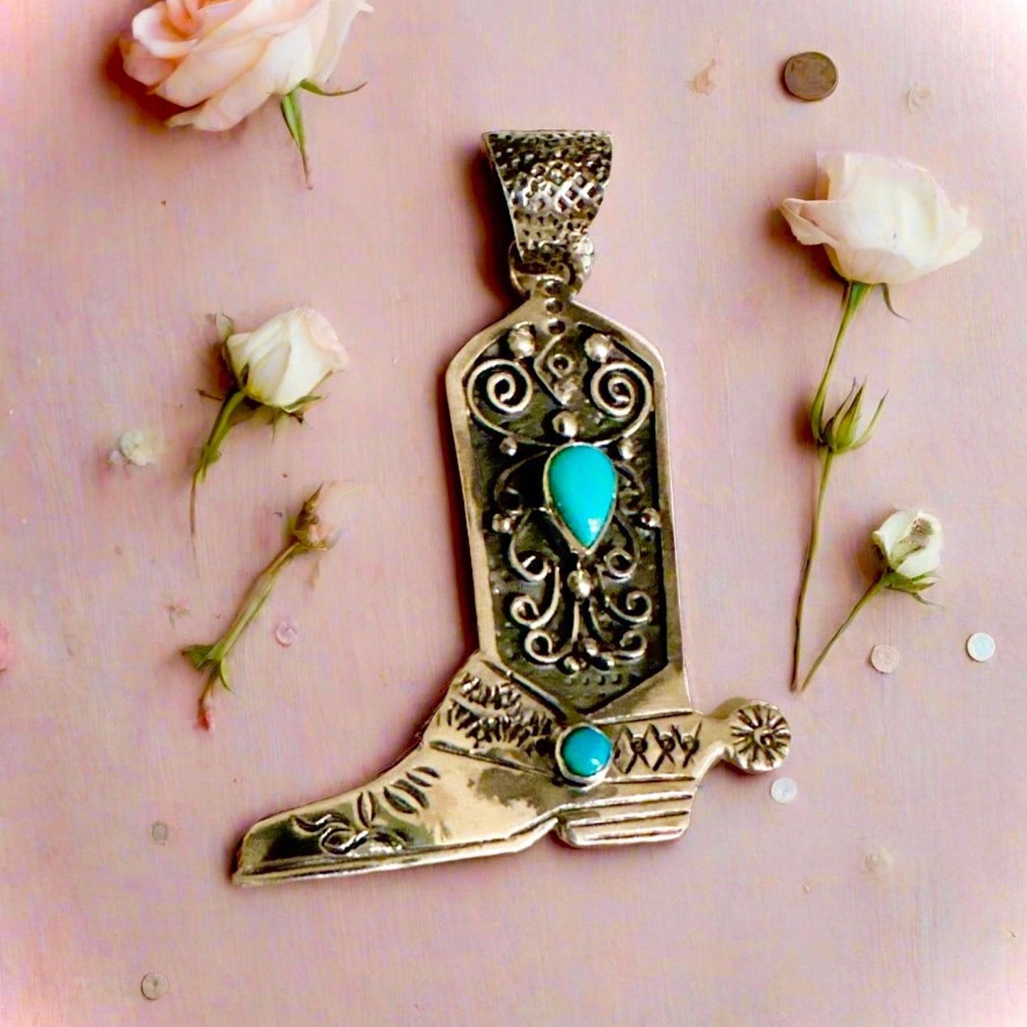 Turquoise Cowboy Boot Sterling Southwestern Pendant 2” Long