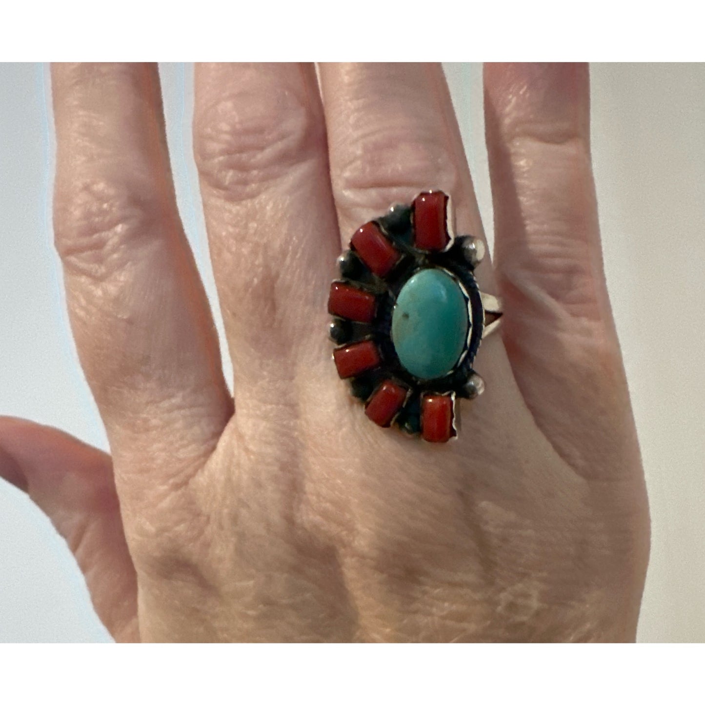 Green Kingman Turquoise & Italian Coral Ring Size 7