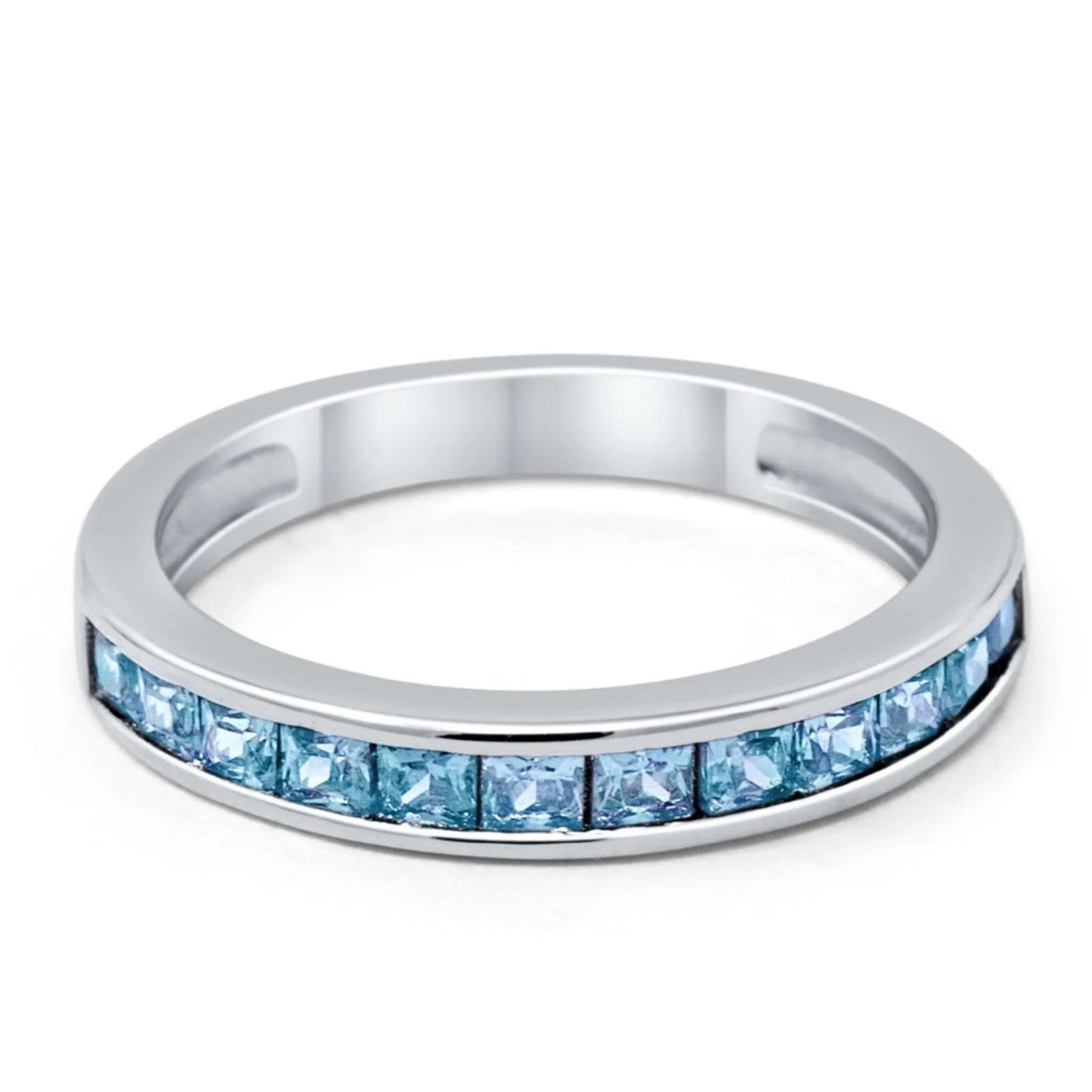 Half Eternity Band Wedding Ring Simulated Aquamarine CZ 925 Sterling Silver.