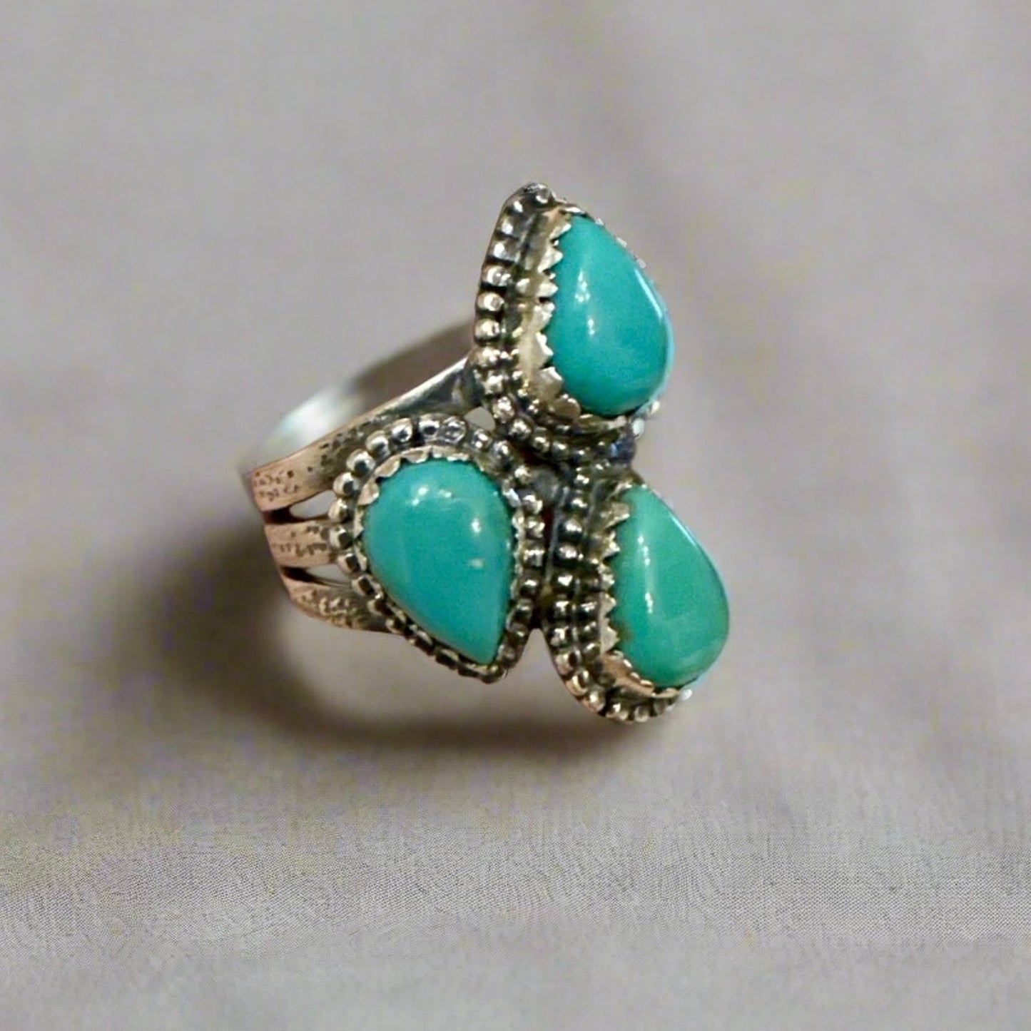 Three Stone Green Turquoise Teardrop Pear Ring Size 9