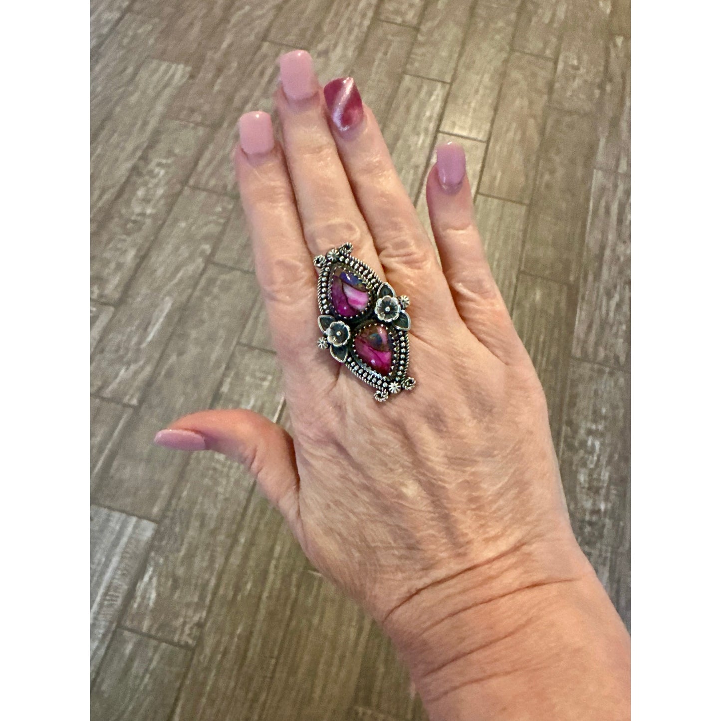 Red Rose Dahlia Two Stone Tear Drop Flower Sterling Silver Ring Size 8