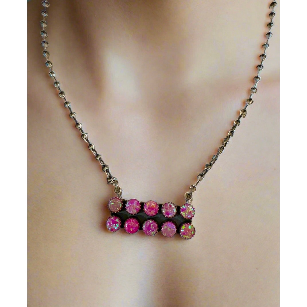 Fire Opal Cluster Bar Sterling Silver Adjustable Necklace 18”