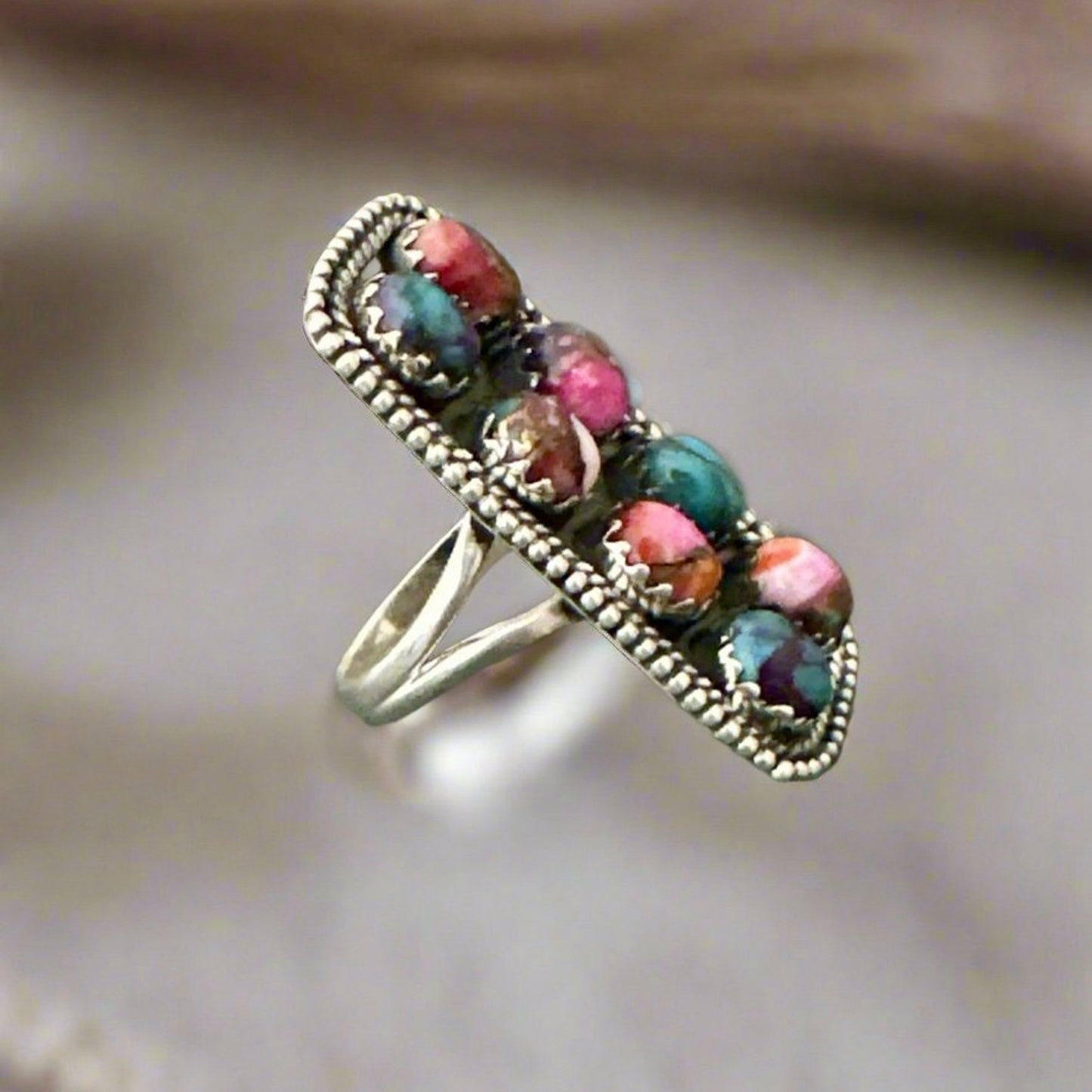 Handmade Pink Dahlia Long Native American Style Ring Sterling Silver Size 8