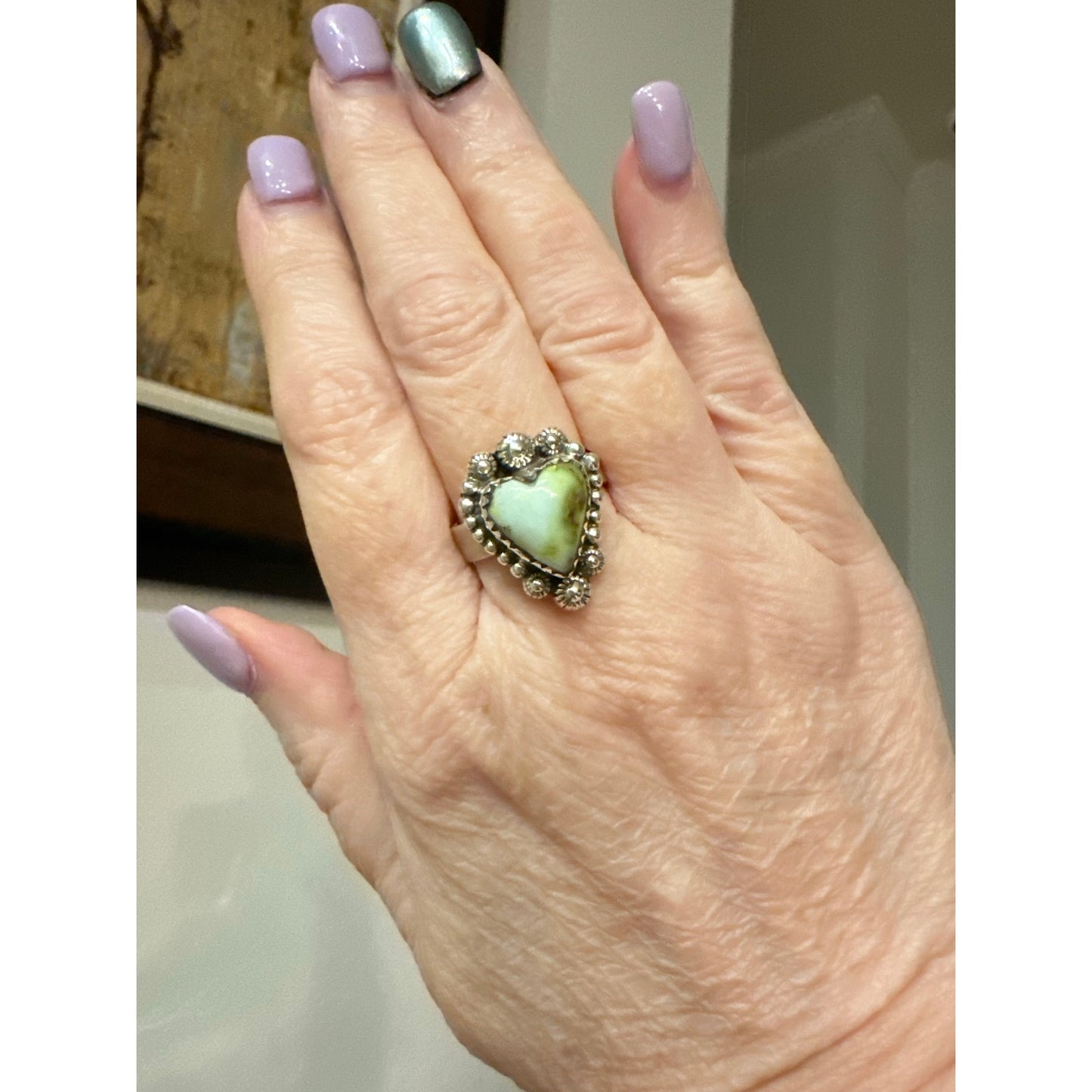 Light Green Palomino Tirquoise Heart Ring Sterling Silver Size 5-11 Adjustable