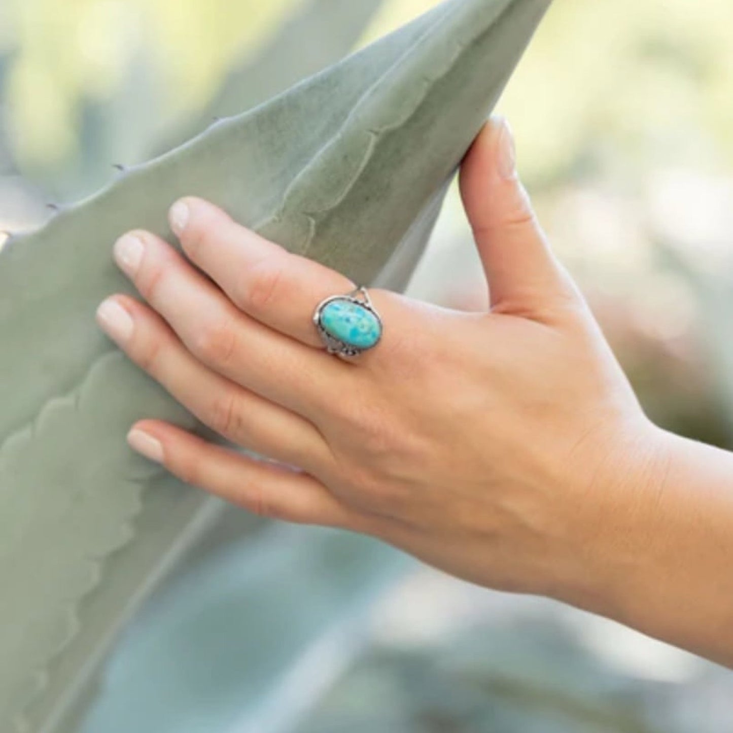 Oval Reconstituted Turquoise Floral Design Ring