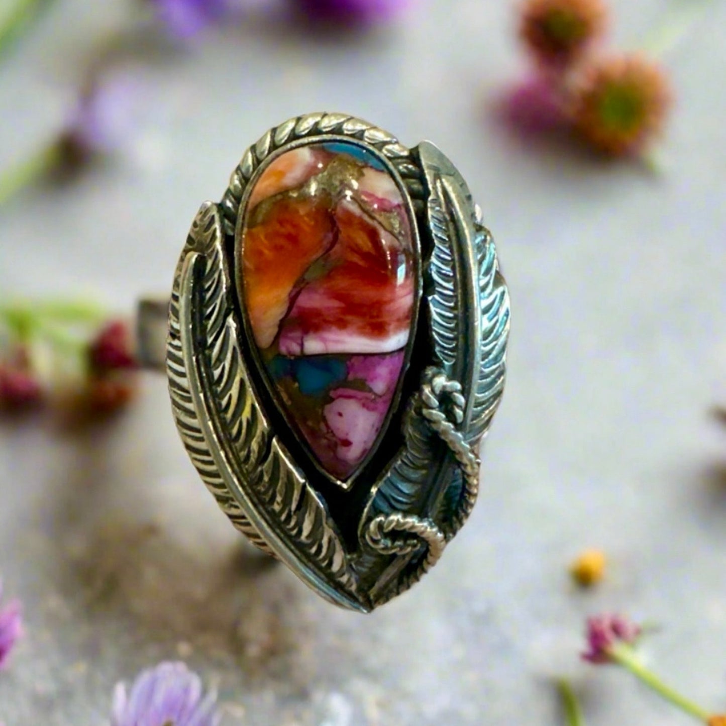 Pink Dahlia Sterling Silver Leaf Motif Teardrop Ring Size 8