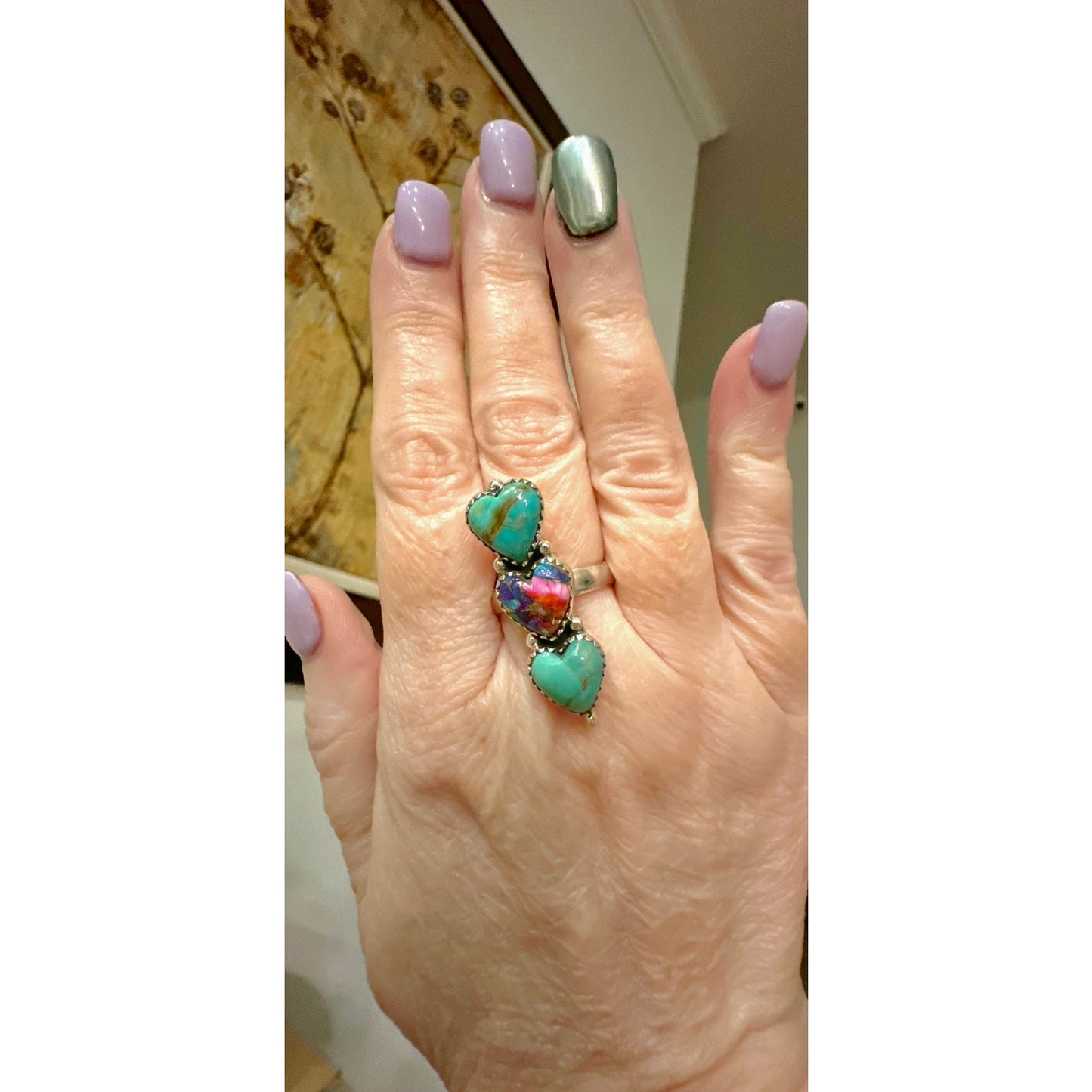 Kingman Turquoise & Pink Spiny Oyster Three Stone Ring Adjustable 925