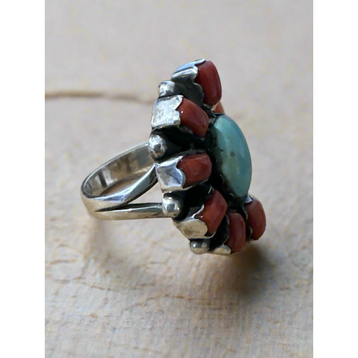 Green Kingman Turquoise & Italian Coral Ring Size 7