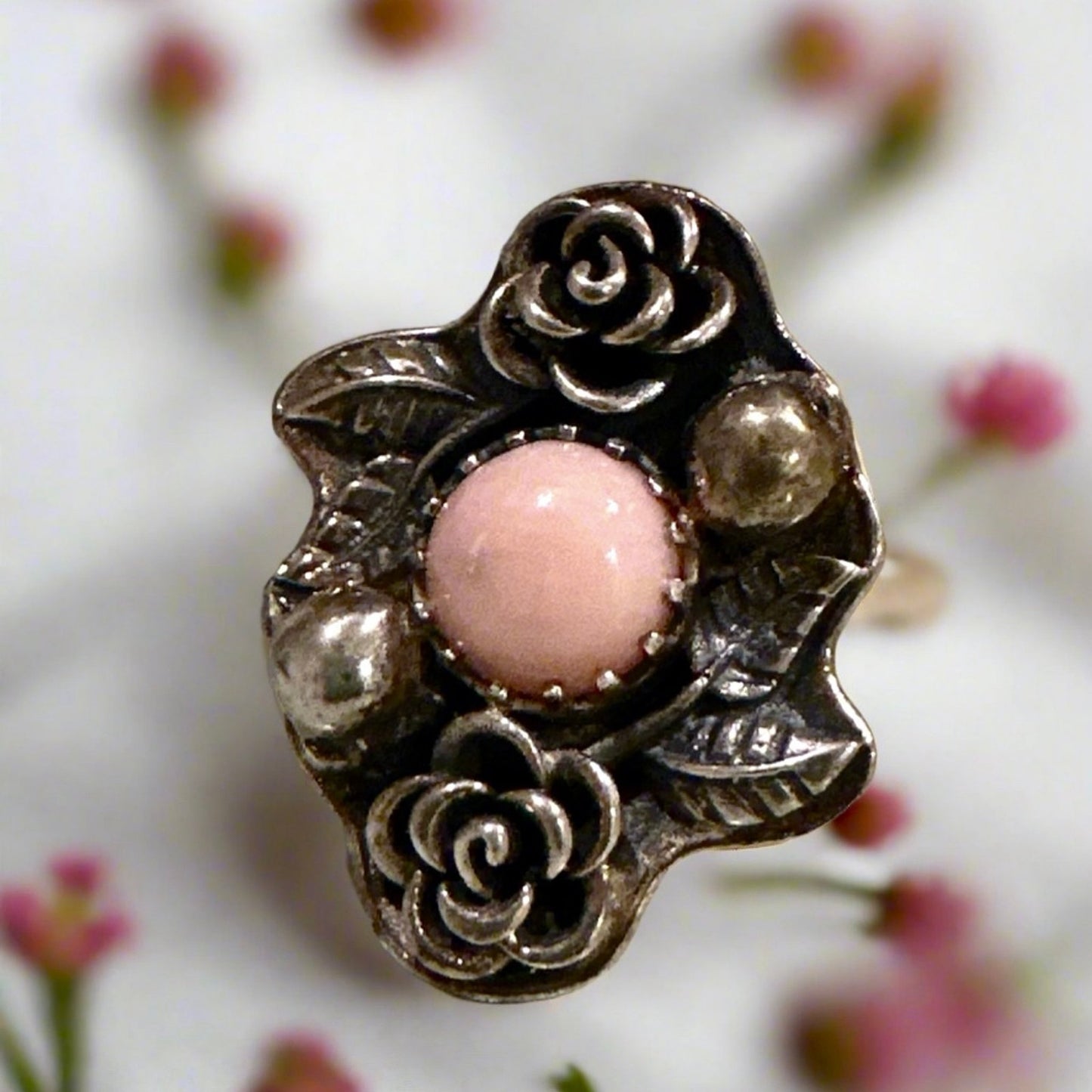 Amazing Pink Opal Hand Carved 925 Sterling Silver Ring Size 6