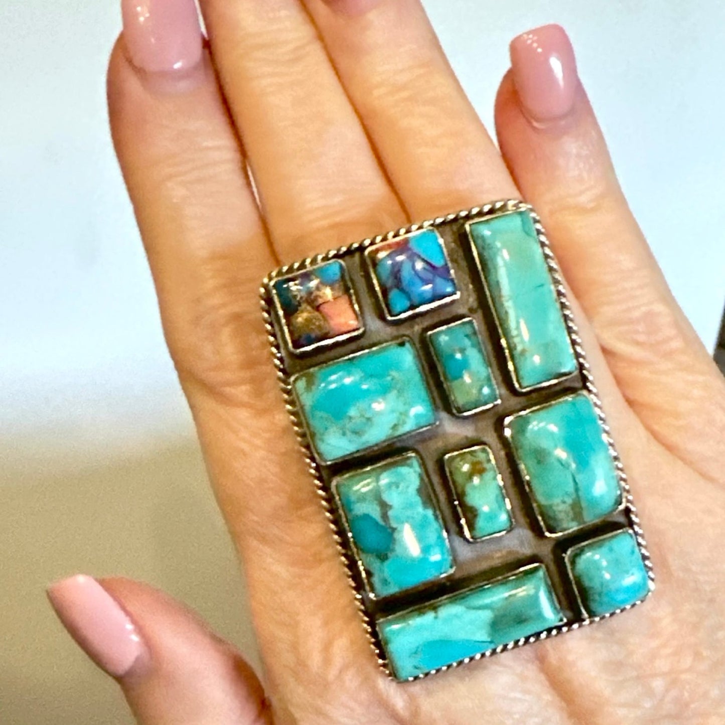 HUGE Turquoise Spiny Oyster Square Ring Adjustable