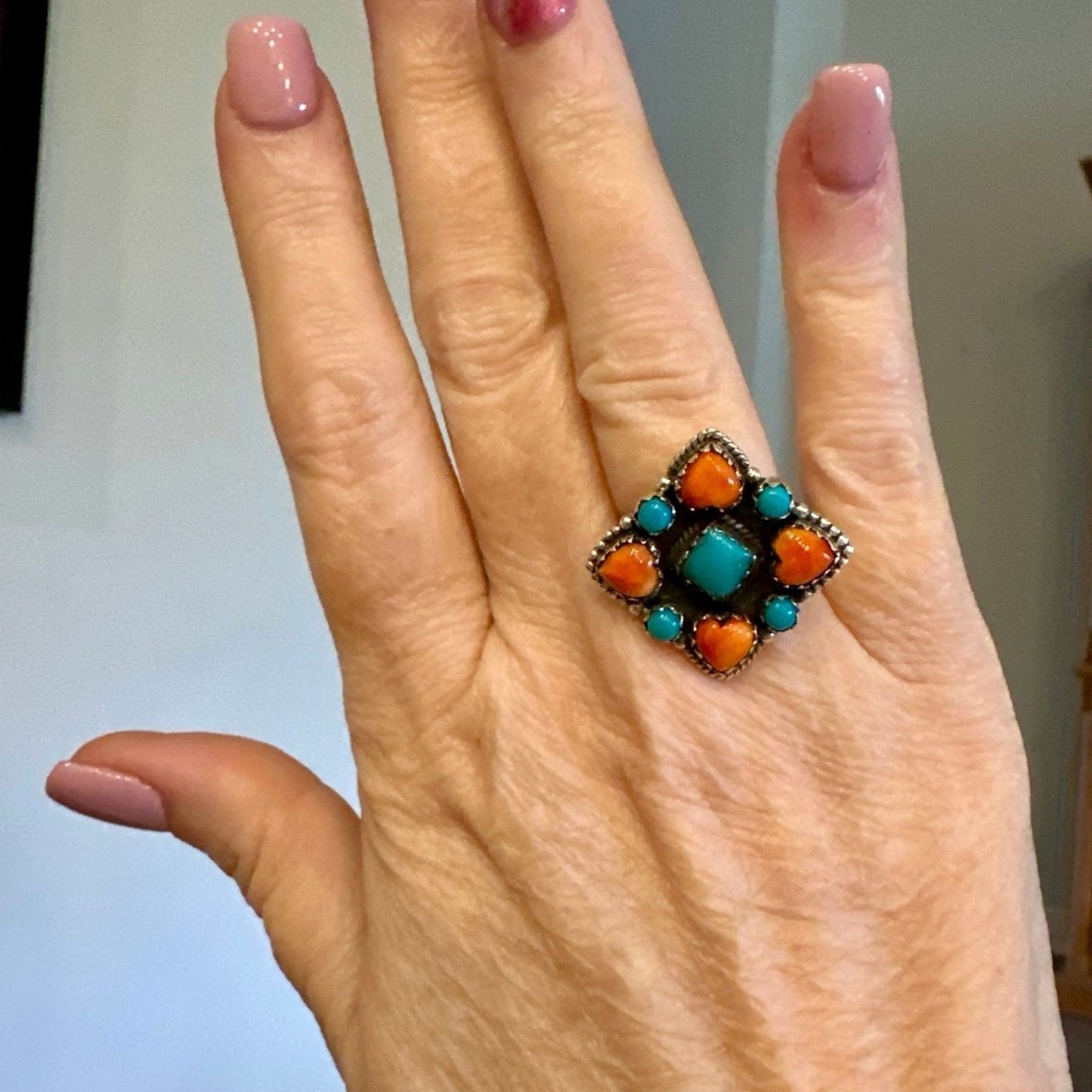 Turquoise & Spiny Oyster Southwestern Sterling Silver Ring Size 7
