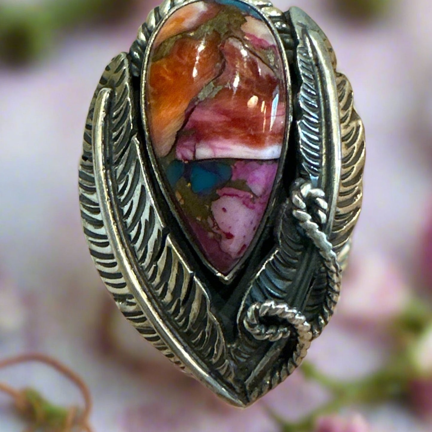 Pink Dahlia Sterling Silver Leaf Motif Teardrop Ring Size 8