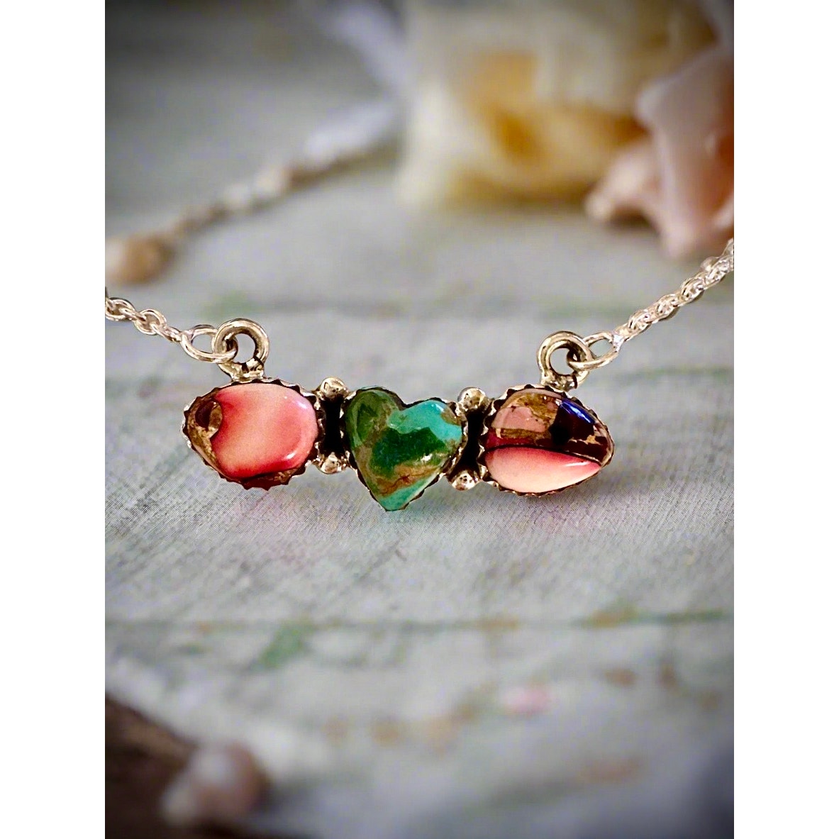 Sonoran Gold Turquoise & Rose Dahlia Heart Necklace 16-18”