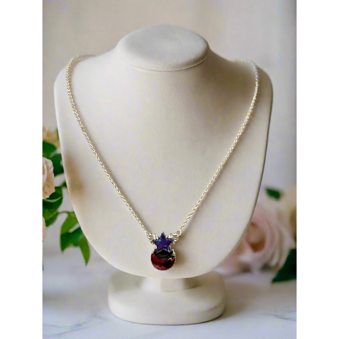 Purple Mohave Turquoise & Red Dahlia | Star & Moon | Sterling Silver Necklace | 18-20”