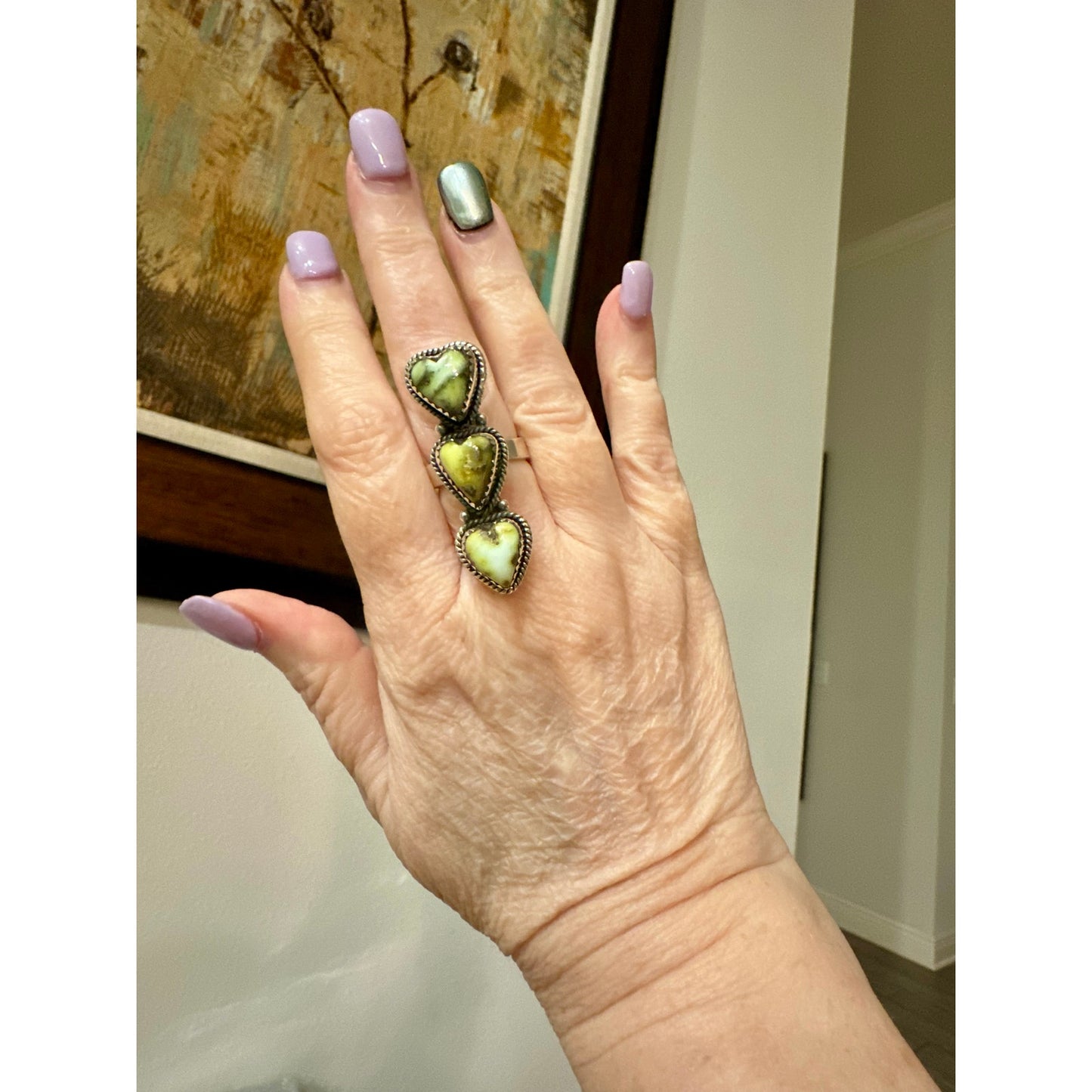 Three Stone Palomino Light Green Turquoise Hearts Ring Adjustable 5-11