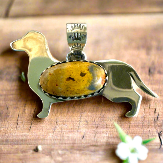 Weiner Dog Daschund Bumblebee Jasper Sterling Silver Pendant 1.25”