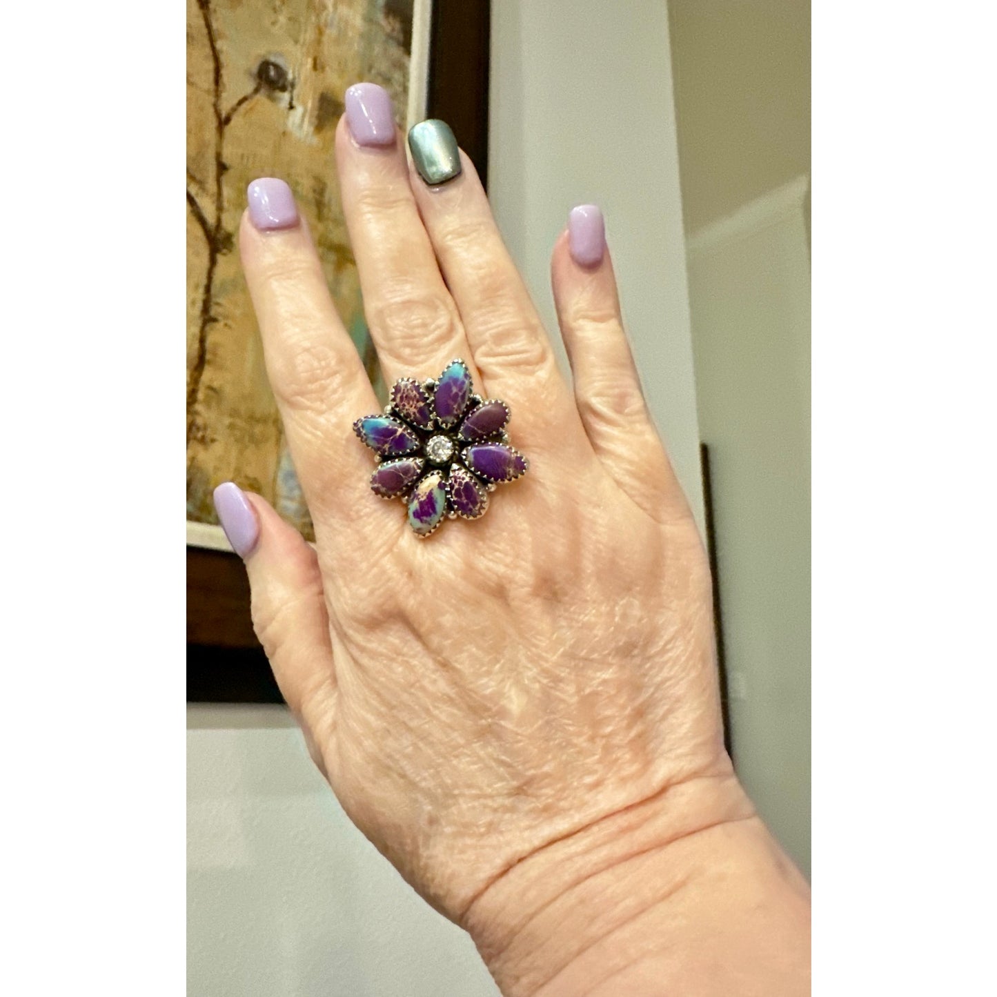 WOW!! Purple Sea Sediment & Moissanite Diamond Ring Adjustable