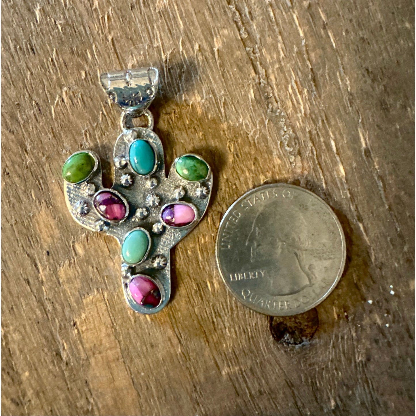 Green Blue Turquoise & Red Rose Dahlia Cactus Pendant 1.25” Long Sterling .925