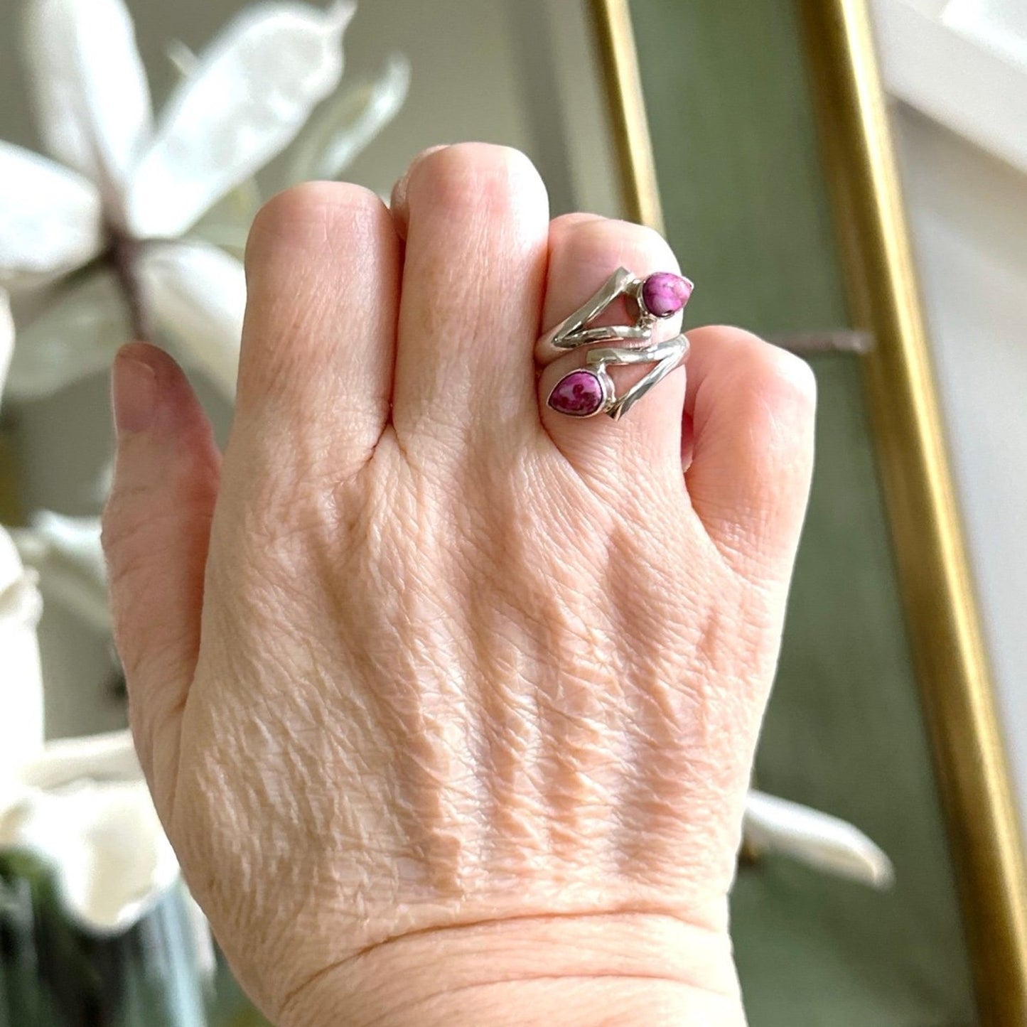 Pink Rose Dahlia Kingman Turquoise Bypass Ring Size 7
