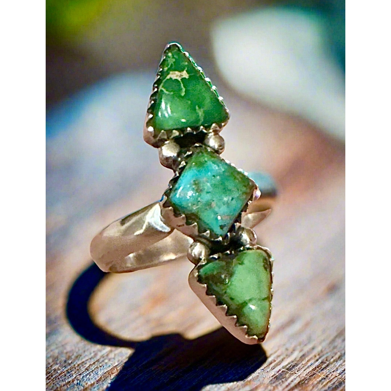 Sonoran Gold Turquoise Three Stone Diamond Shape Sterling Ring Size 5-11 Adjustable