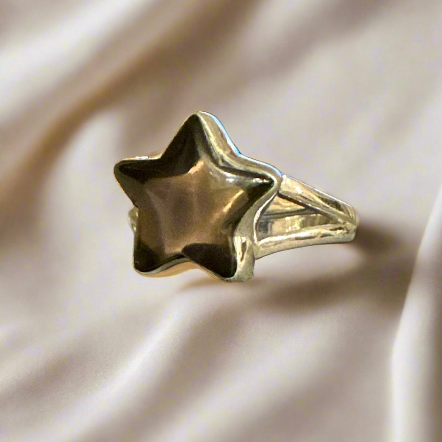 Rare Smoky Quartz Celestial Star Sterling Silver Ring Size Adjustable.
