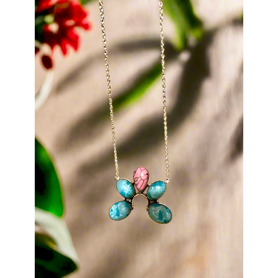 Pink Gibbsite & Larimar Naja Sterling Necklace 18” Adjustable