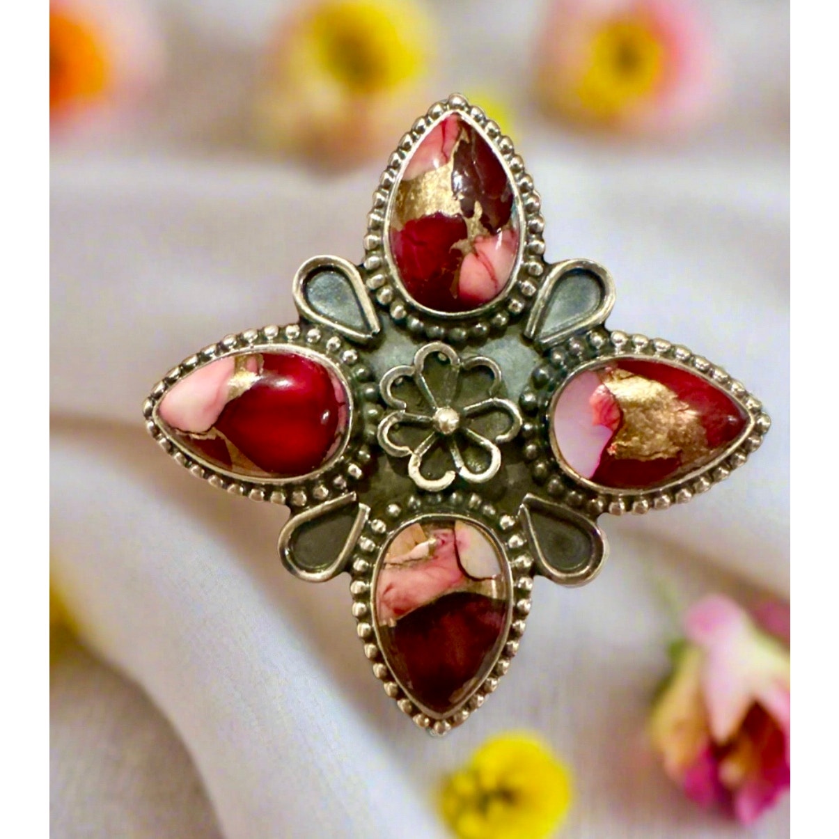 Red Rose Dahlia Statement Ring Sterling Silver Size 7