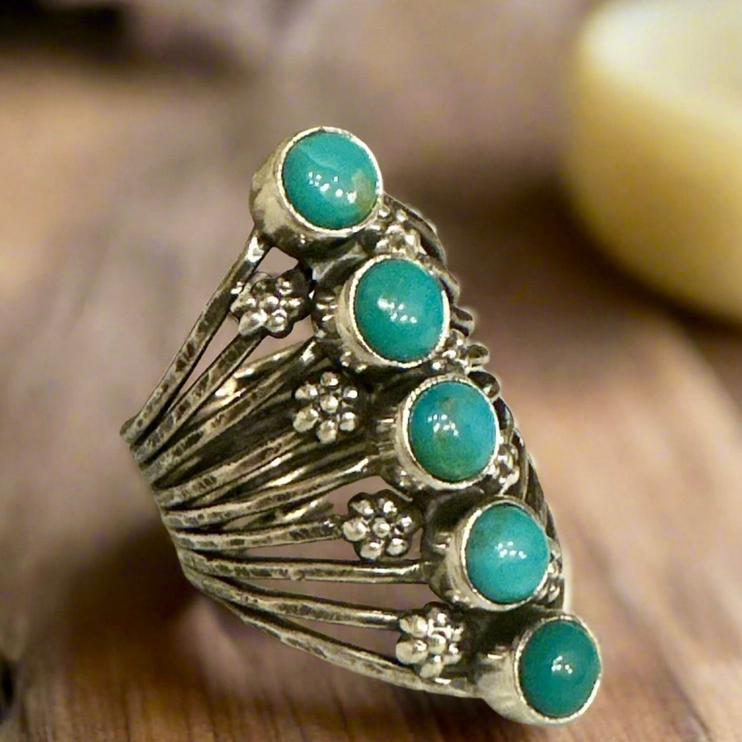 Five Stone Kingman Turquoise Flower Sterling Ring Size 9.25