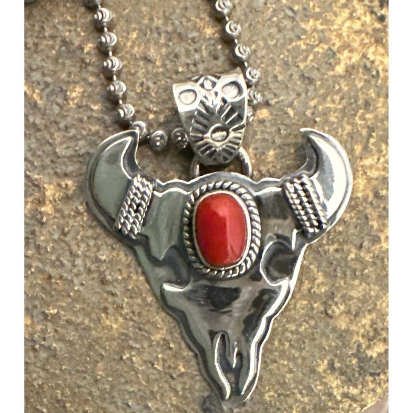 Gorgeous Coral Bulls head Southwestern Pendant 1.5”
