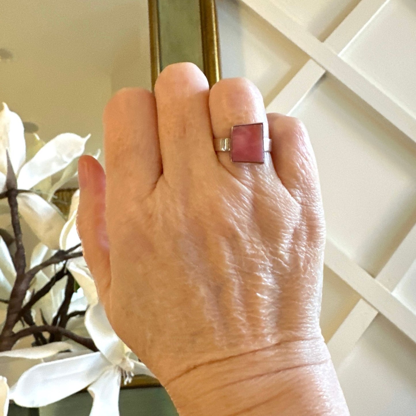 Rough Pink Opal Square Sterling Silver Ring Size 7