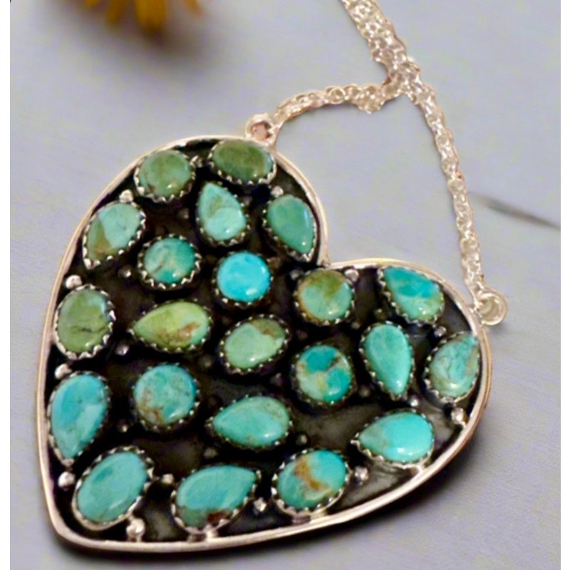 WOW!!! Huge Kingman Turquoise Heart Shaped Sterling Necklace 1.75” x 1 u5”