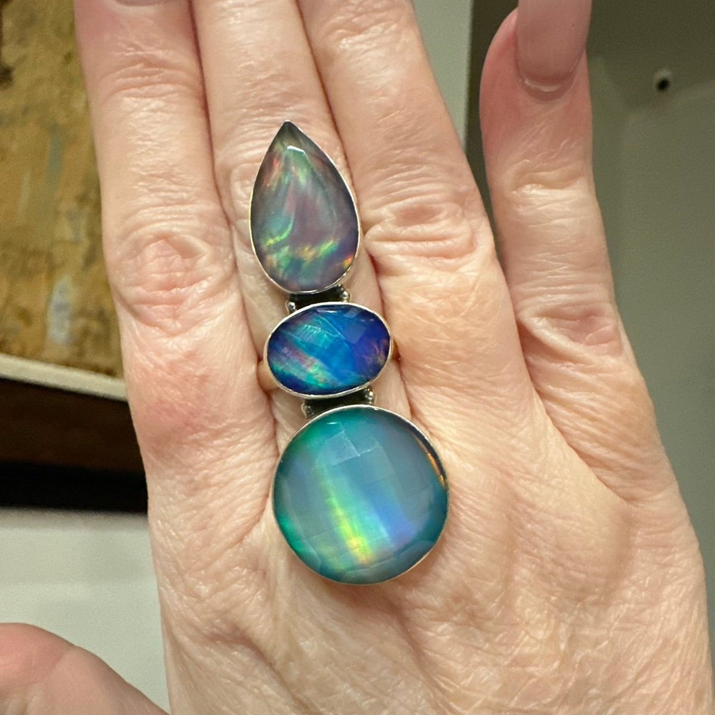 Three Stone Aurora Opal Faceted Handmade Sterling Silver Ring Adjustable