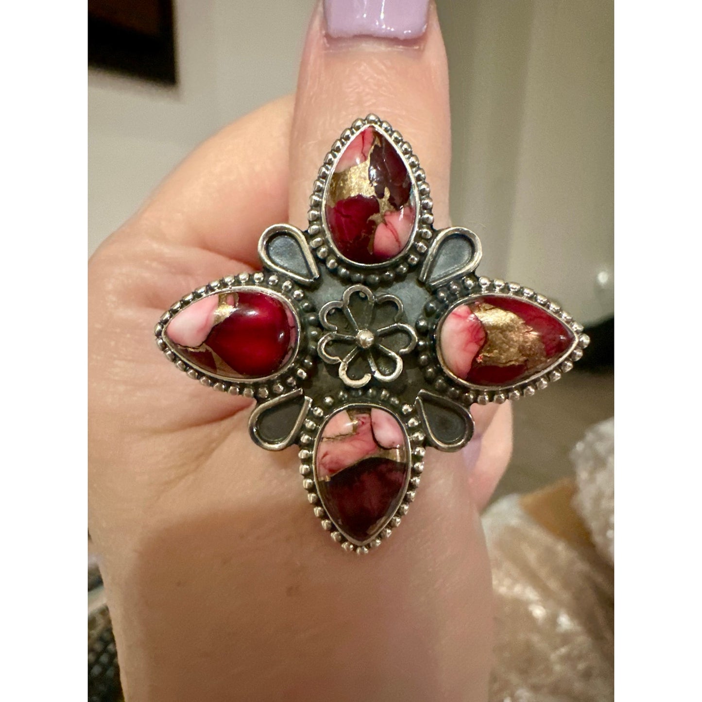 Red Rose Dahlia Statement Ring Sterling Silver Size 7