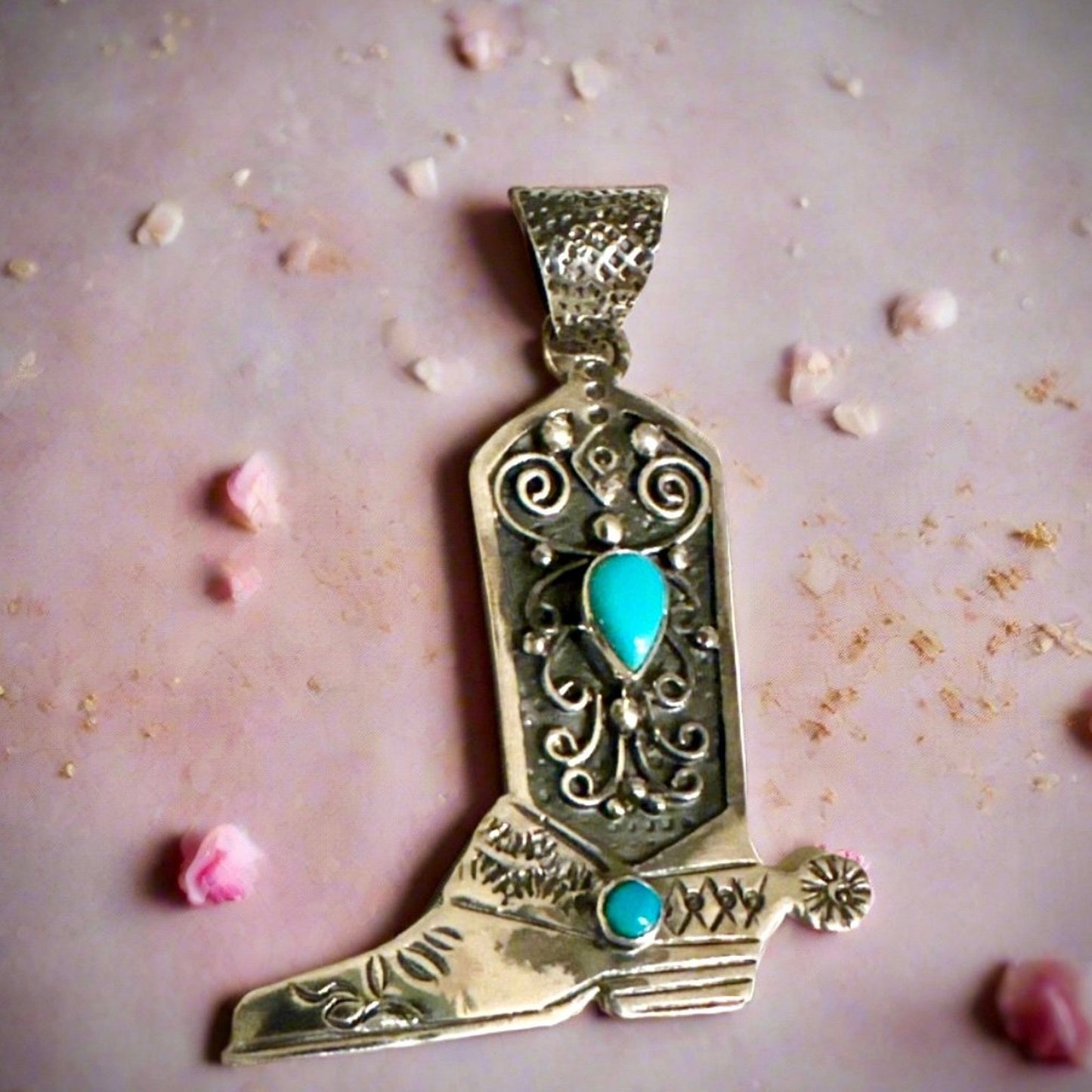 Turquoise Cowboy Boot Sterling Southwestern Pendant 2” Long
