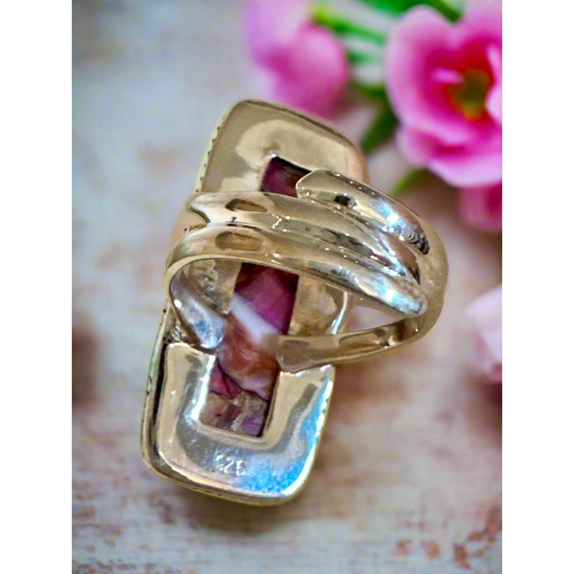 Spiny Oyster Rectangle Rope Sterling Silver Ring Adjustable 5-12