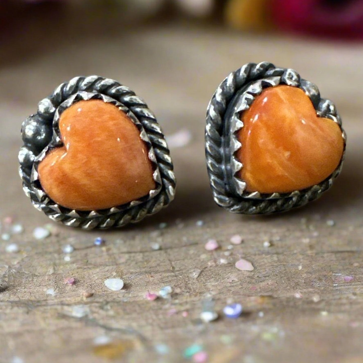 Spiny Oyster Heart Rope Southwestern Stud Earrings 925