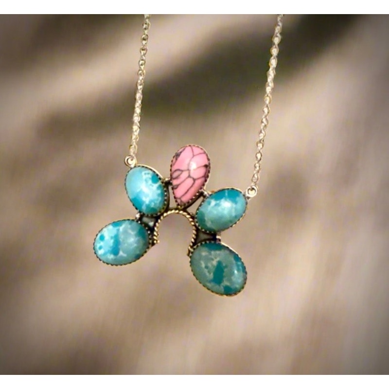 Pink Gibbsite & Larimar Naja Sterling Necklace 18” Adjustable