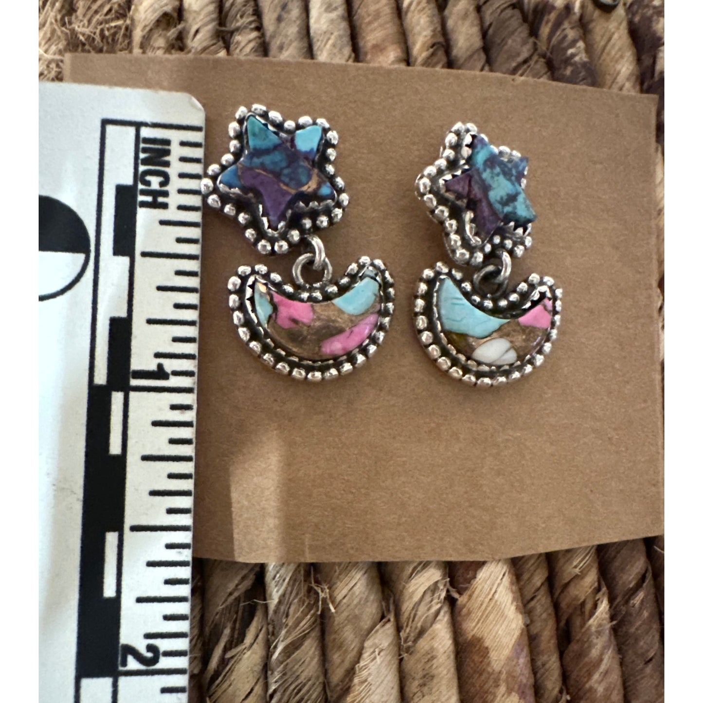 Cotton Candy Turquoise Star Moon Dangle Earrings 1”