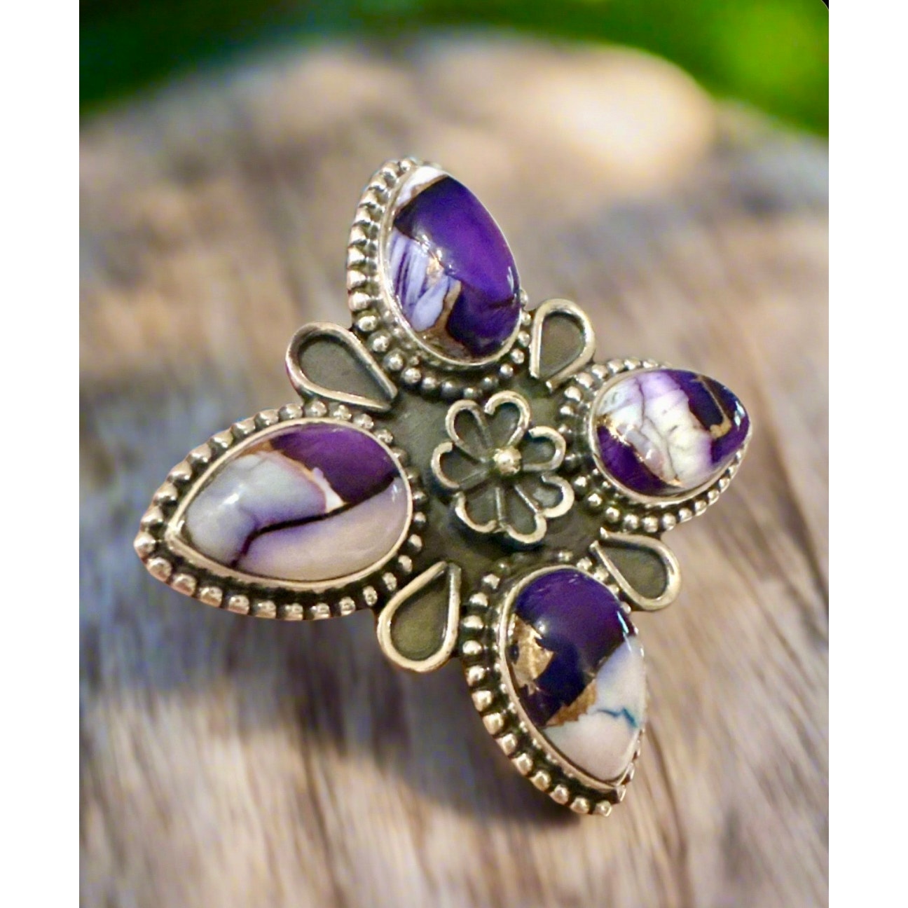 Purple Copper Dahlia Turquoise Sterling Silver Ring Size 8
