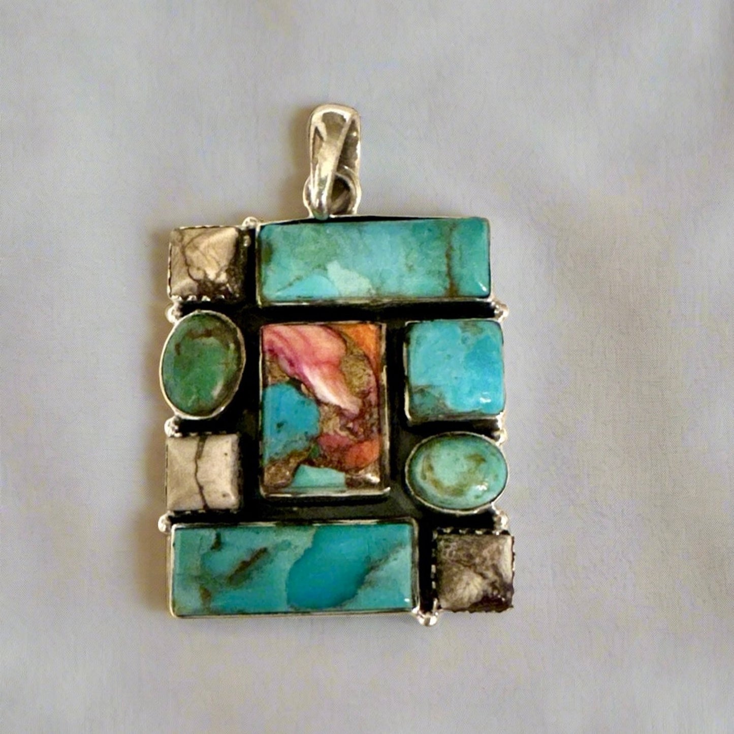 Pink Dahlia. Wild Horse Jasper & Turquoise Square Pendant 1.25x1.25 inches