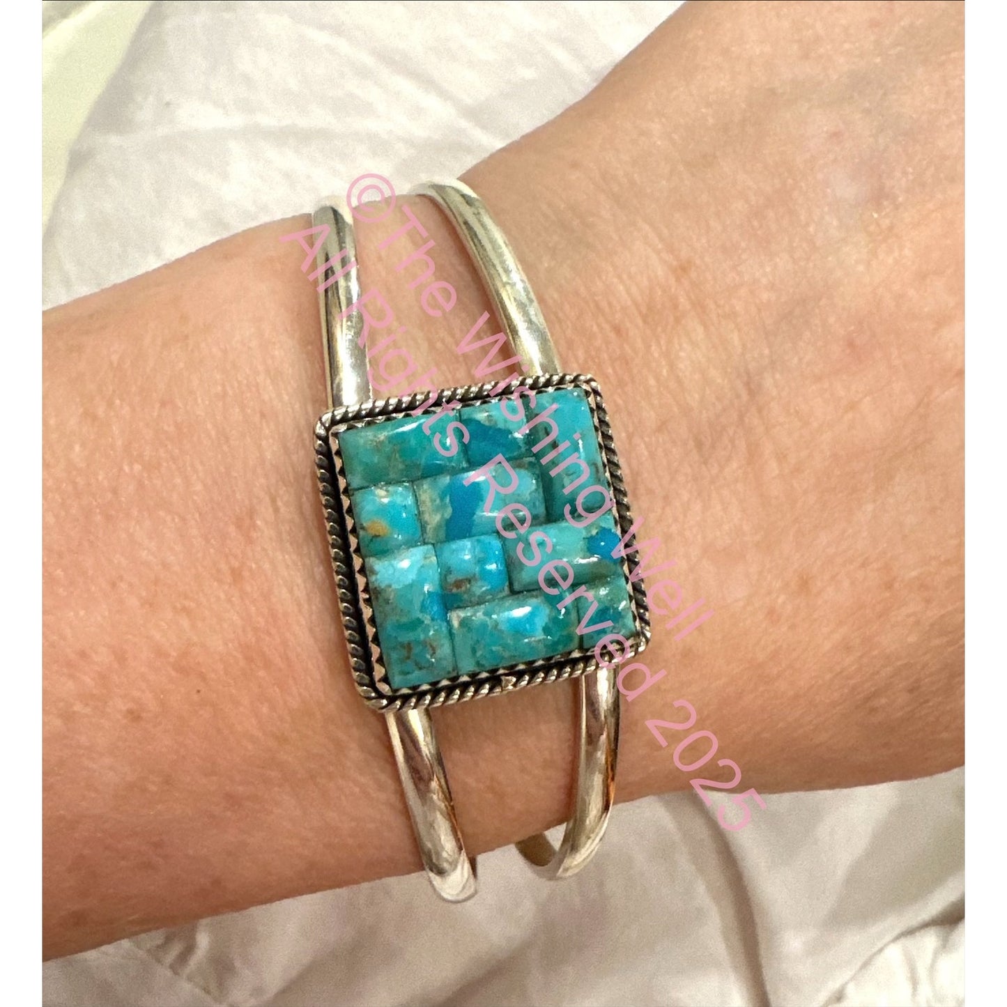 Kingman Turquoise | Grid Inlay Mosaic Square | Cuff Bracelet Size 6-8