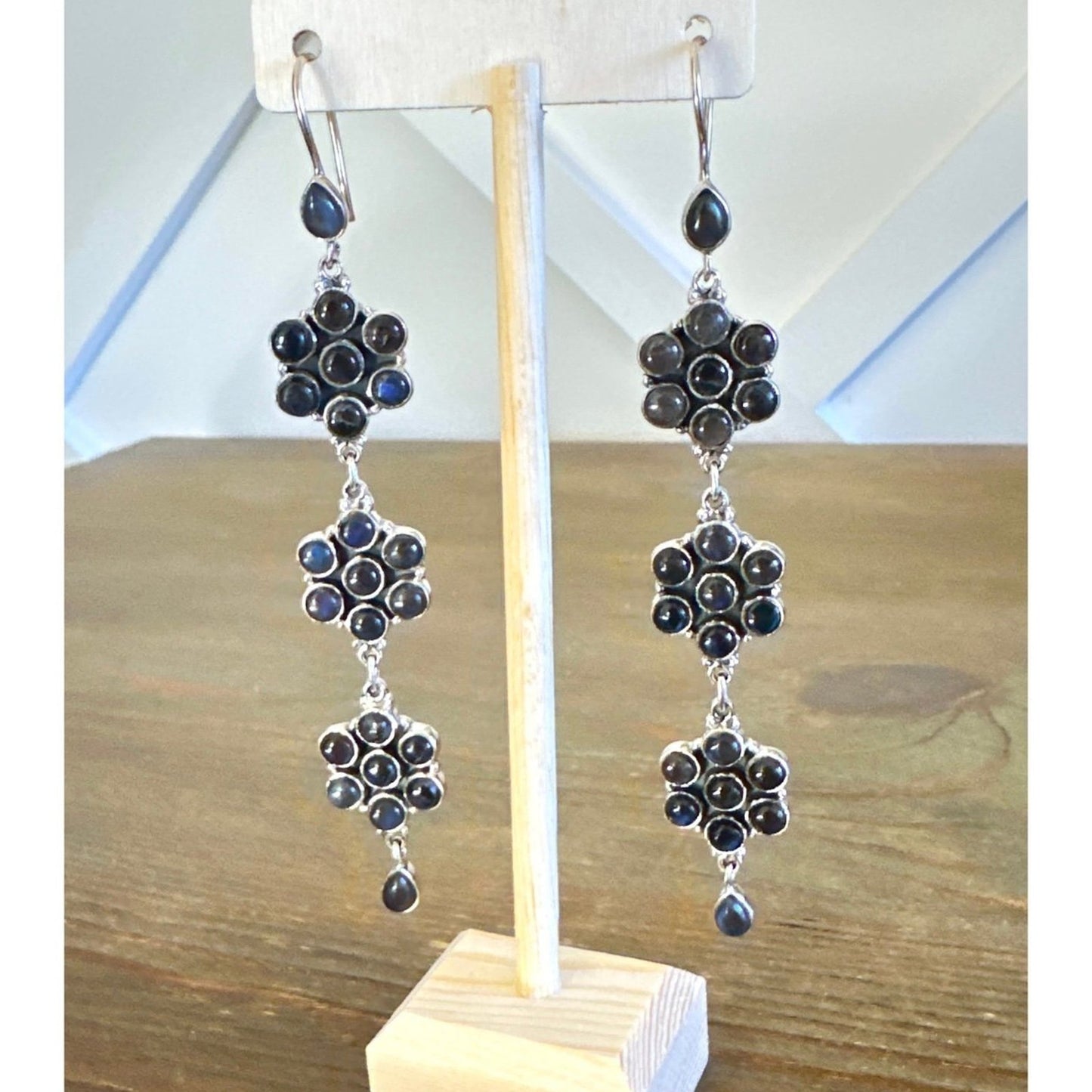 Natural Labradorite Flower Dangle .925 Sterling Silver Earrings 4.5” Long!