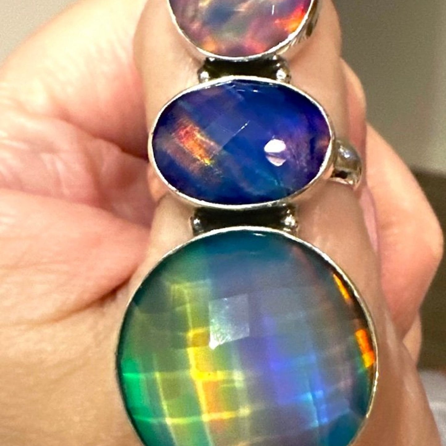 Three Stone Aurora Opal Faceted Handmade Sterling Silver Ring Adjustable