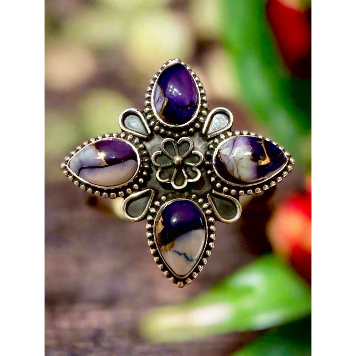 Purple Copper Dahlia Turquoise Sterling Silver Ring Size 8