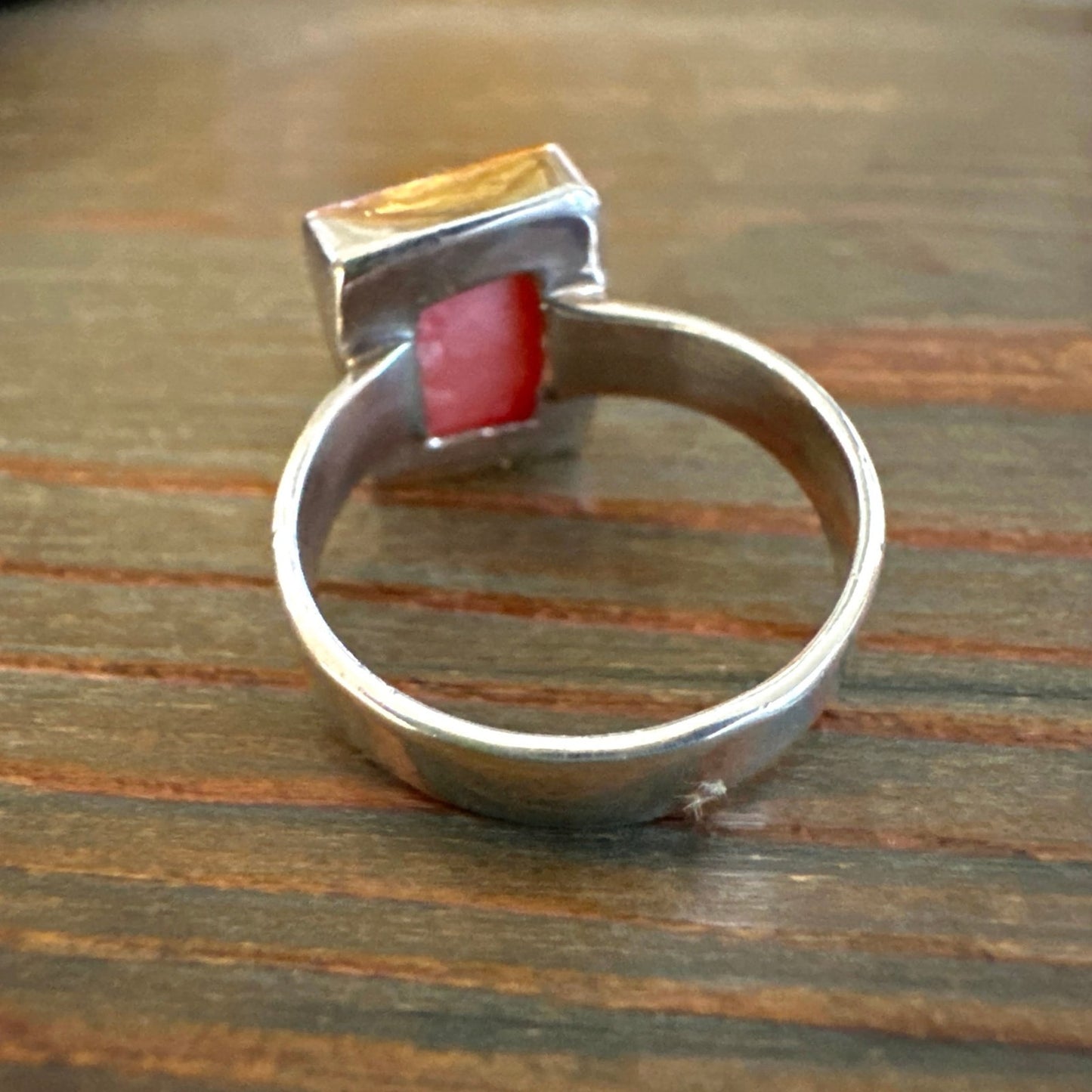 Rough Pink Opal Square Sterling Silver Ring Size 7