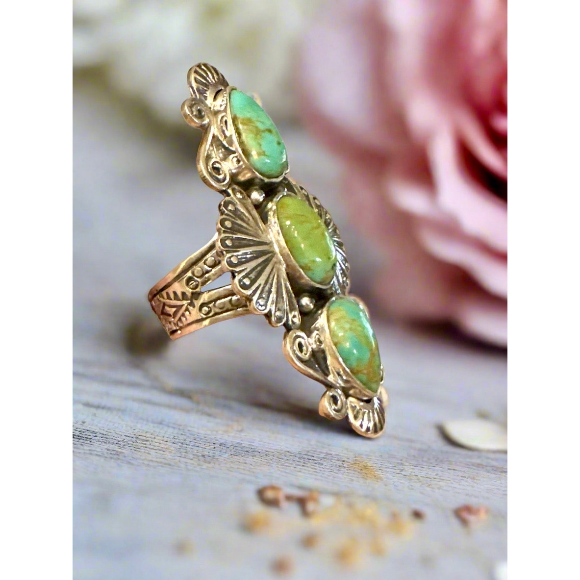 Three Stone Turquoise Southwestern Sterling Silver Ring Size 9