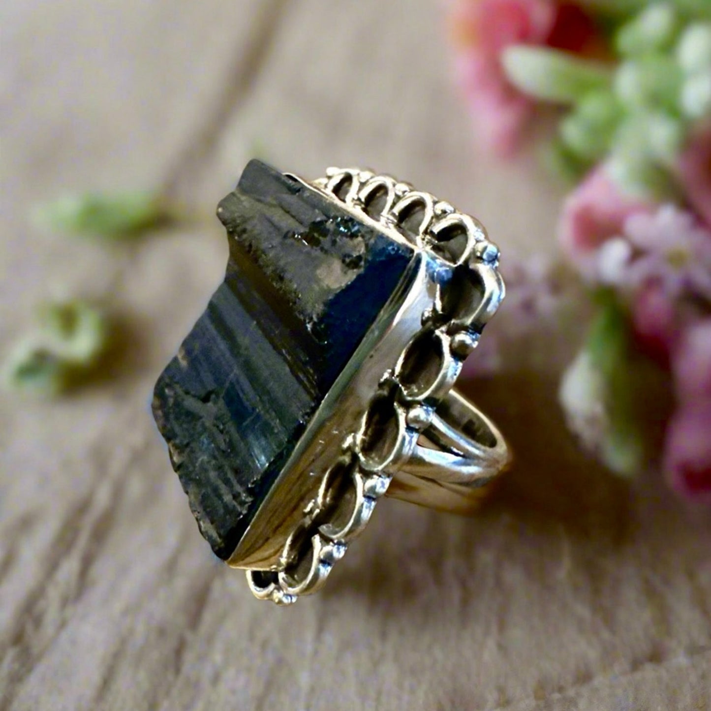 Huge Black Tourmaline Square Sterling Silver Ring Size 6